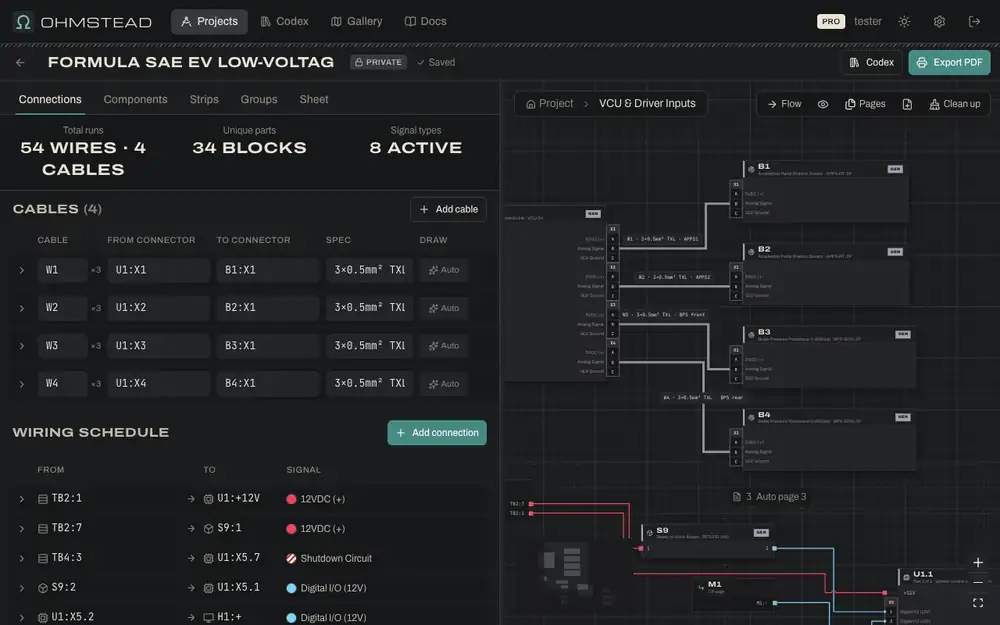Opening the pin map of cable W1 from U1:X1 to B1:X1 in the Formula SAE EV template