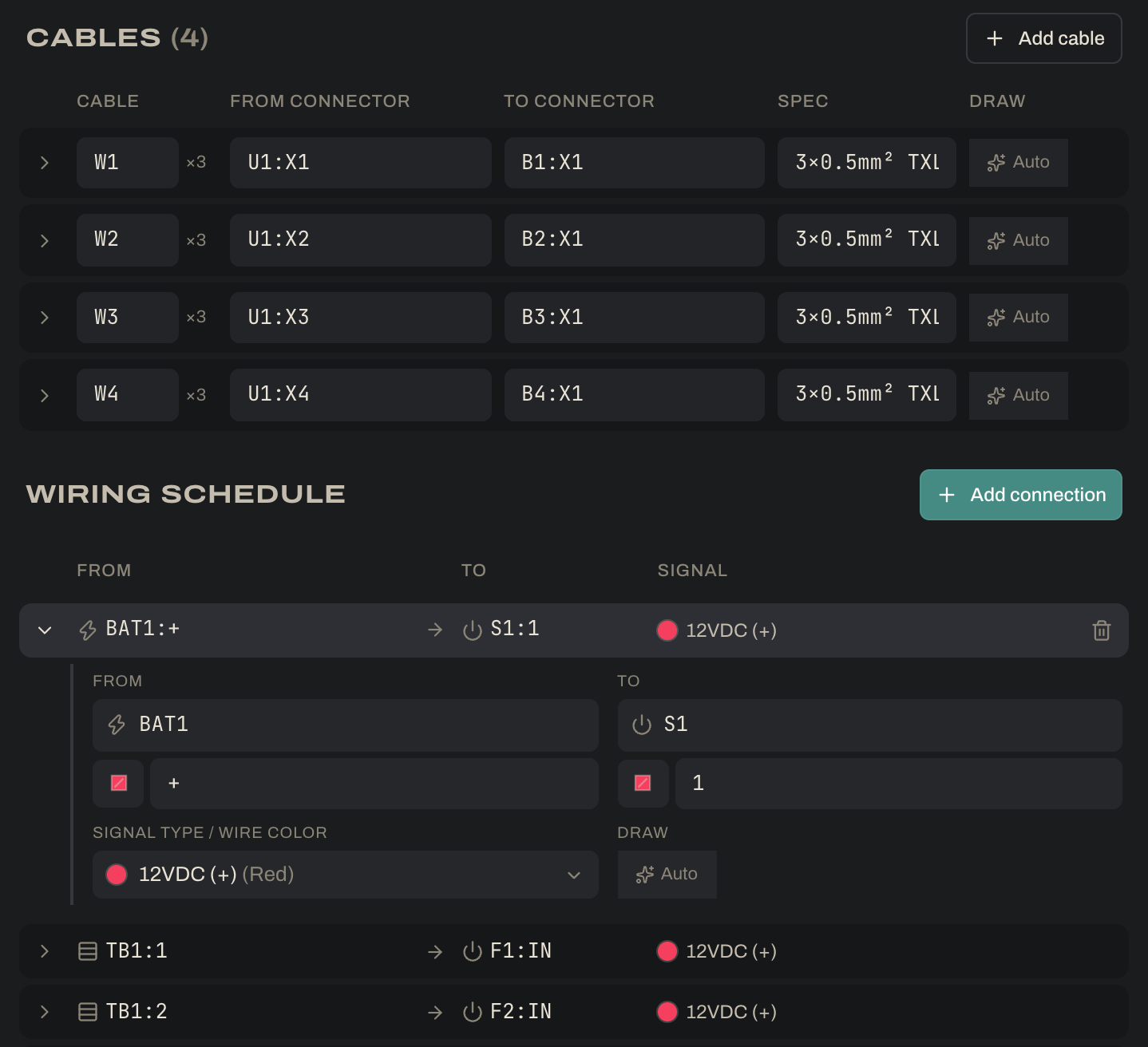 The wiring schedule with one row open